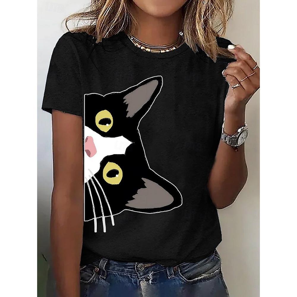Женская футболка с графическим рисунком животного кошки, винтажная, стильная, модная, с коротким рукавом, круглым вырезом, обычного кроя