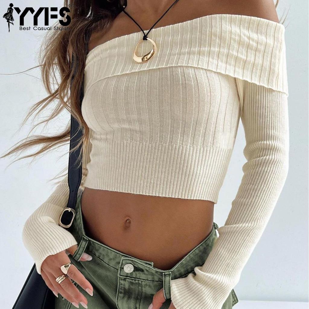 YYFS Женская мода повседневная весна осень однотонный принт длинный рукав одно плечо топы женская одежда трикотаж свитера