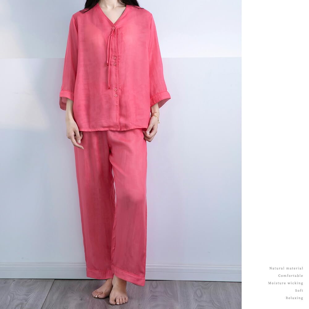 Yes Family Tencel Summer Open Size Red Women's 100% Double-Layered Pajamas, 3/4 Sleeves, Sleepwear, Front, Roomwear, L,