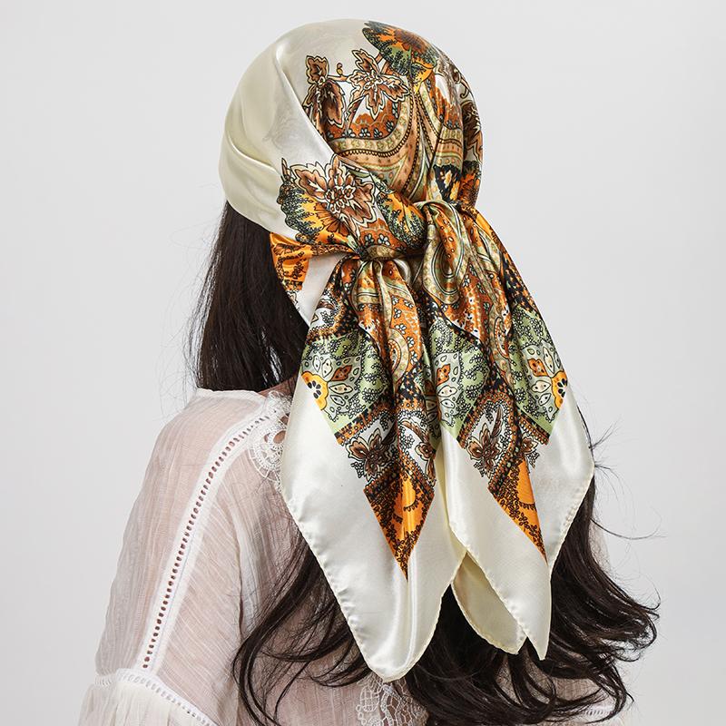 Роскошный Квадратный Шелковый Шарф Женский Платок 90*90 См Принт "Кешью" Косынка Женский Головной Платок Фуляр Сатиновая Бандана Хиджаб Шарфы