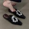 Women Mules Shoes Bling Flats Square Toe Slippers Elegant New 2025 Summer Sandals Dress Party Luxury Woman Slingback Shoes Mujer