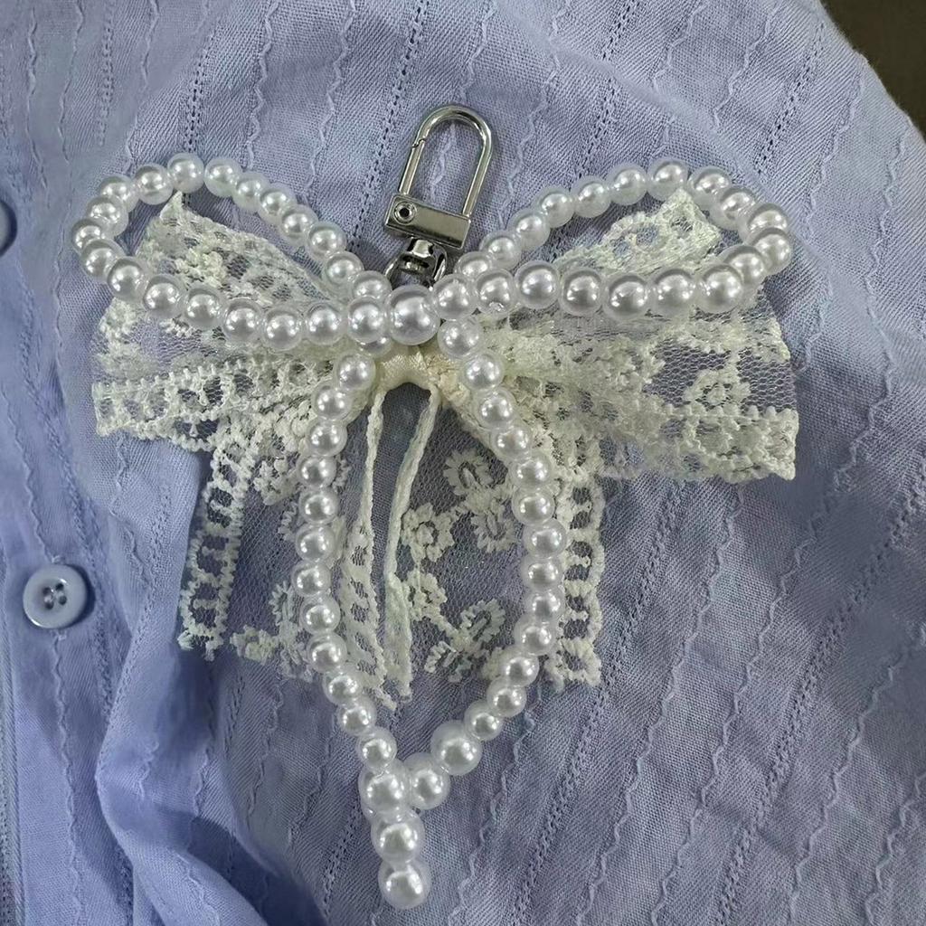 Elegant Pearls Beaded Bowknot Keychain Lovely Beaded Bowknot Keyring Accessory Pearls Bowknot Phone Lanyard Adornment