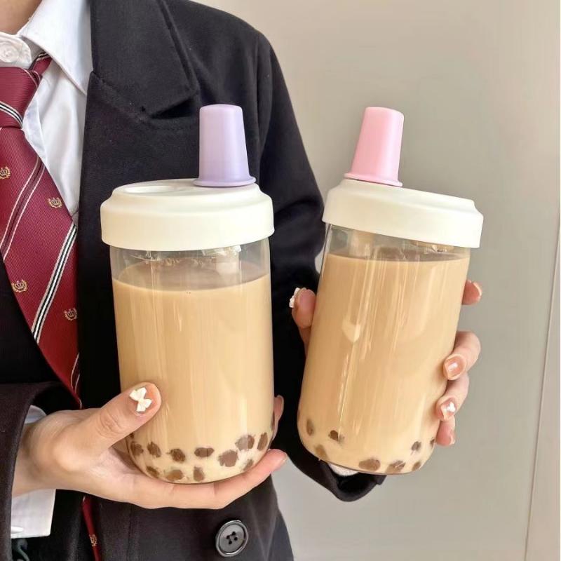 Kawaii Cat Boba Plastic Water Bottle with Straw PU Sleeve Cute Coffee Bubble Tea Milk Cups Portable Drinking Bottle BPA Free