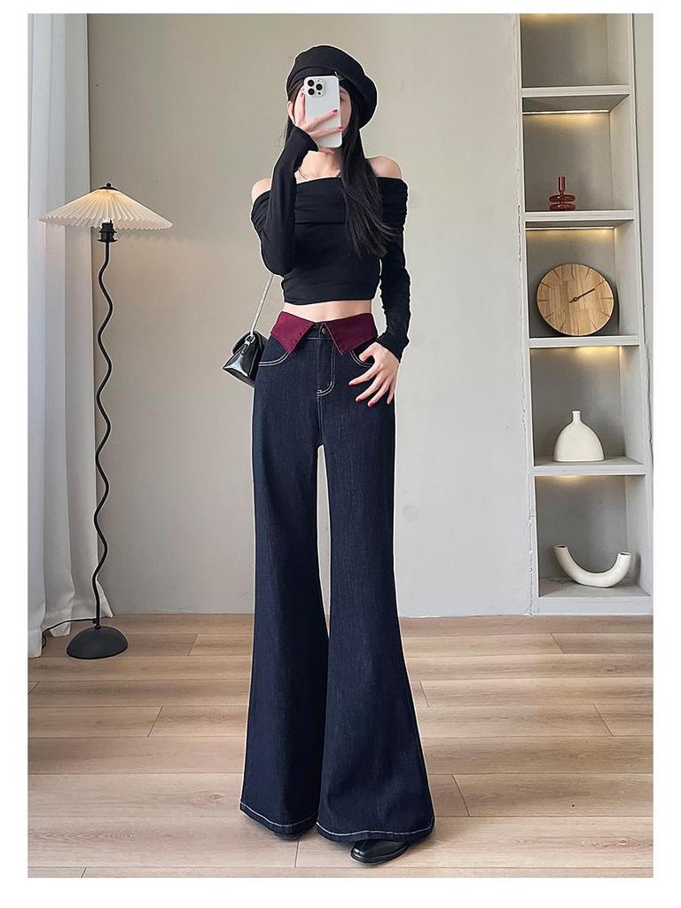 Женские джинсы микроклеш с цветными блоками, высокая посадка, утягивающий дизайн с вставками, свободные, длиной в пол, осень/зима 2024