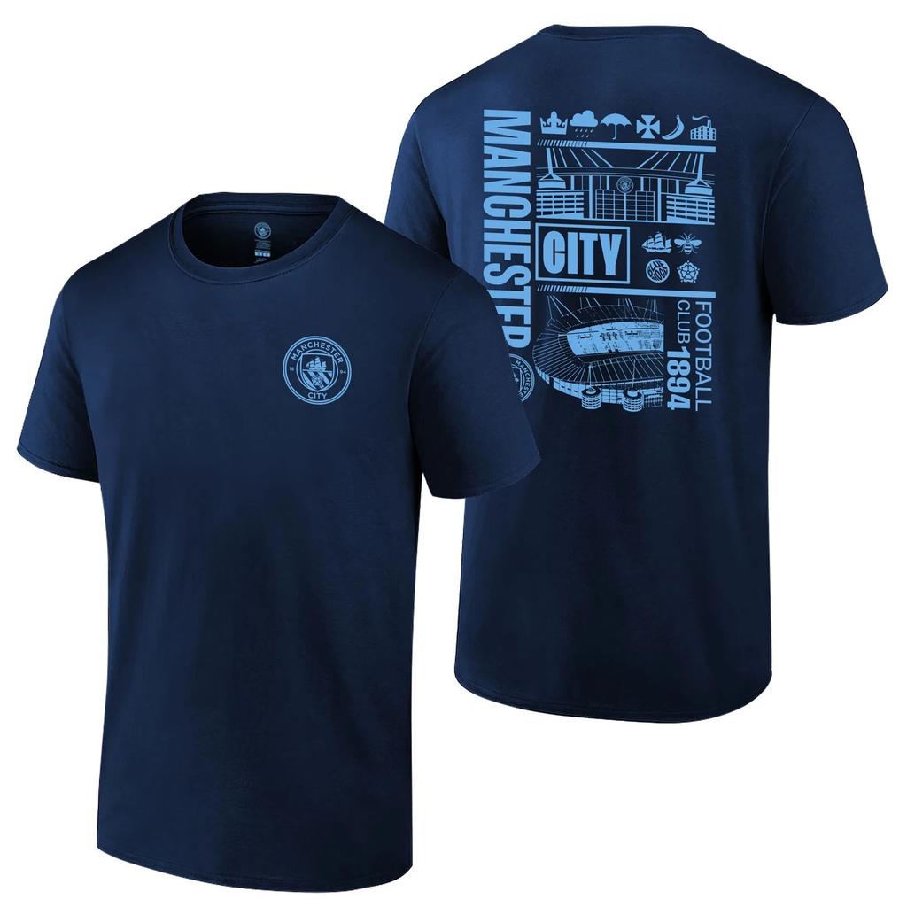 Manchester City Licensed Soccer T-Shirt Cotton Tee - 2 Sides Print - Navy