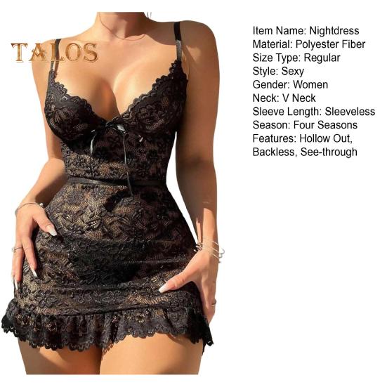 Женская ночная рубашка с V-образным вырезом, ажурной цветочной вышивкой, без рукавов, облегающая ночная рубашка с оборками и подолом, прозрачная соблазнительная ночная рубашка для спальни