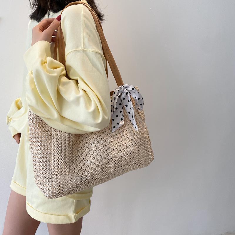 Summer Scarf Bowknot Straw Bag For Women Travel Beach Bags Large Capacity Shopping Tote Casual Rattan Handmade Shoulder Bag Sac