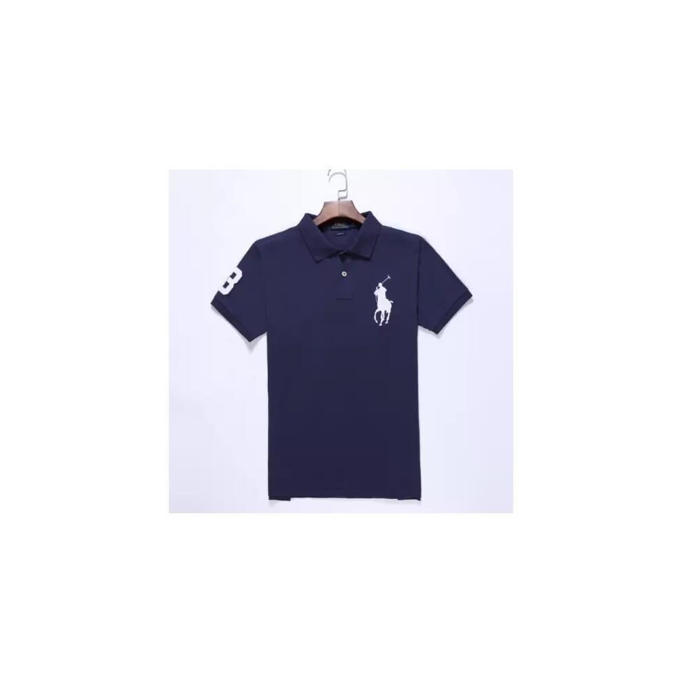 (Navy & white, S) Men's Custom Shirt Cotton Short Sleeve Large Pony