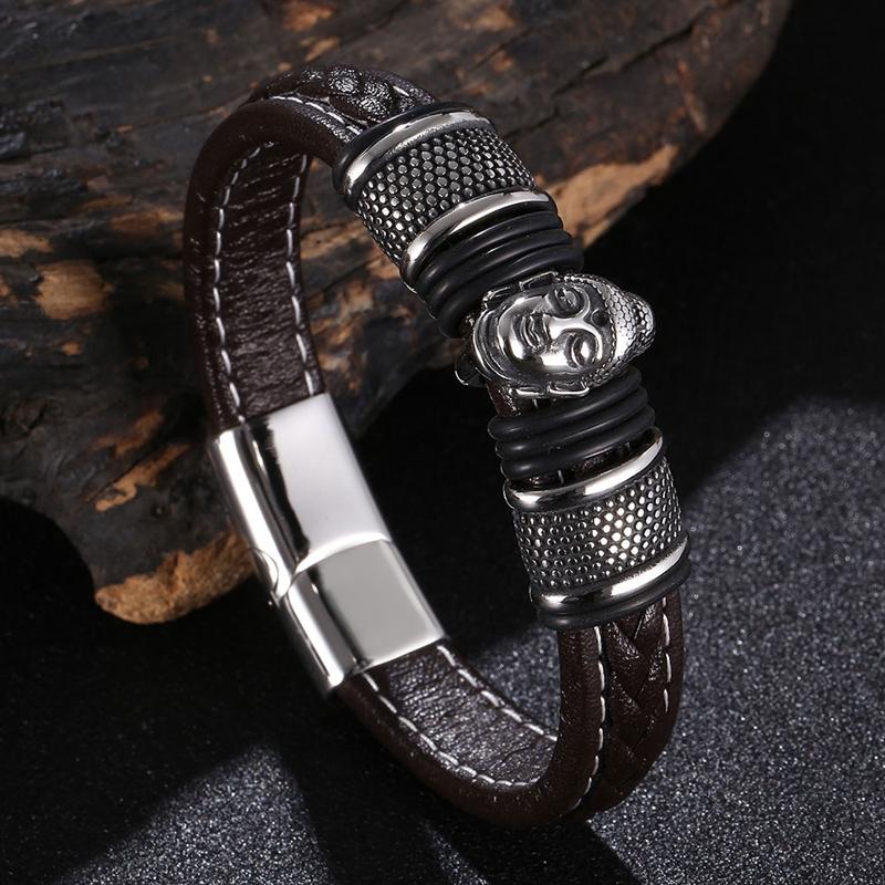 New Punk Men Jewelry Stainless Steel Buddha Head Bracelet Bangle Leather Bracelet Accessories