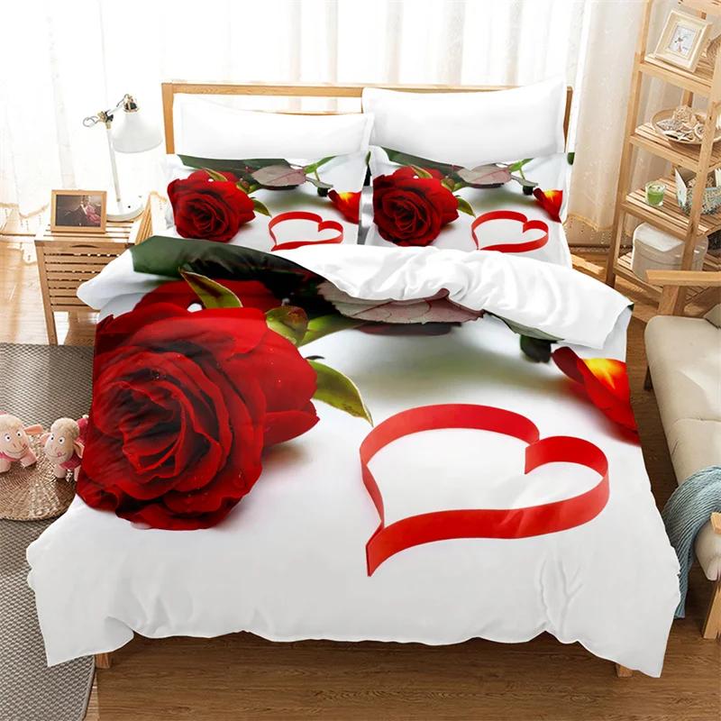 Comforter Rose Flower Bedding Set 4Pcs Pink Red 200X230 For Double Bed 3D Bedsheet 230X230 Full Size Thin Fabric