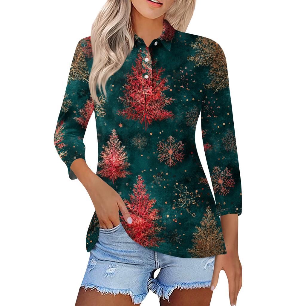 Women's Fashion Casual Lapel Short 3/4 Sleeve Christmas Print Shirt Women's Button Up Tops