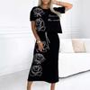 Women's Black Short Sleeve T-Shirt with White Rose Print and Matching Midi Skirt Set