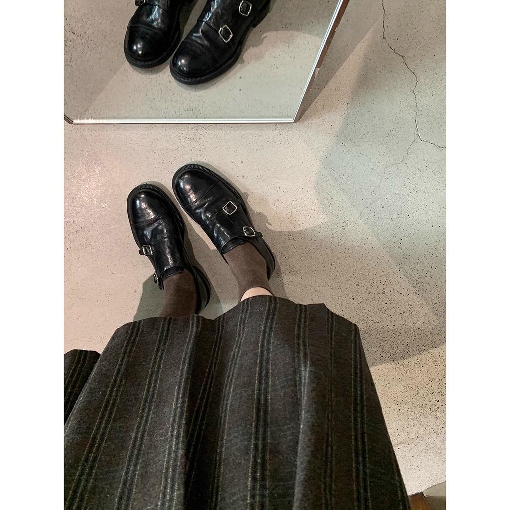 Виноградная мать того же стиля, Хаттон Колледж~ Усадочная лошадиная кожа двойная пряжка круглый носок толстый каблук универсальные кожаные туфли в британском стиле женские