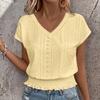 Women Tops V-Neck Short Sleeve Jacquard Decoration Pullover Tops Solid Color Loose Fit Elastic