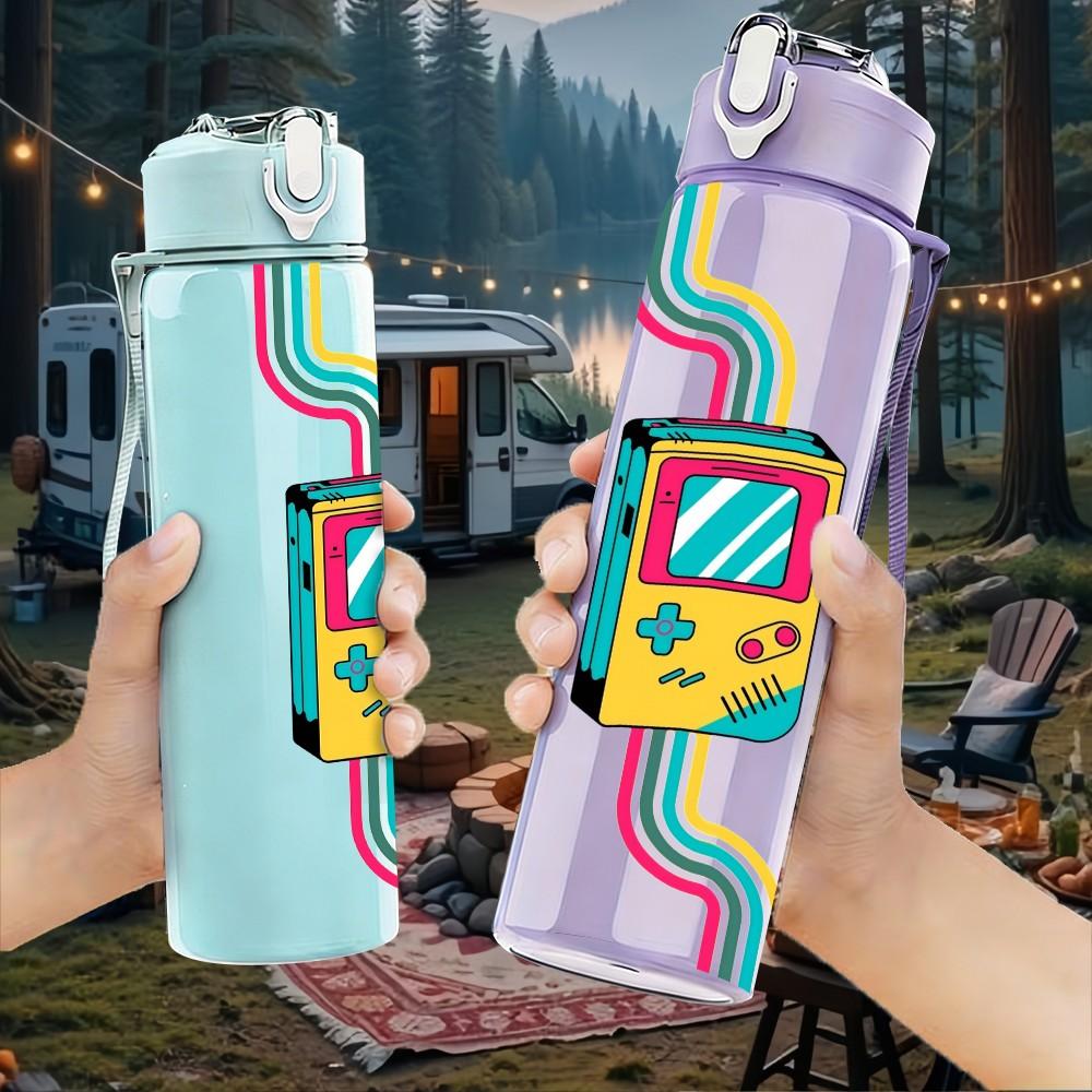 1PC Retro Cassette Tape Neon Colorful Art 750ml Color Plastic Sports Water Bottle Leakproof Flip Straw Lid Suitable for Sports Office Home Use