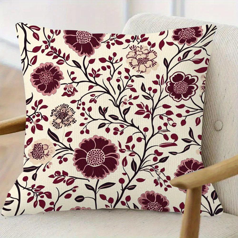 Double Sided Vintage Burgundy Floral Vine Pillow Cover Boho Red Flower Print Soft Throw Pillow Case For Home Decor Gift