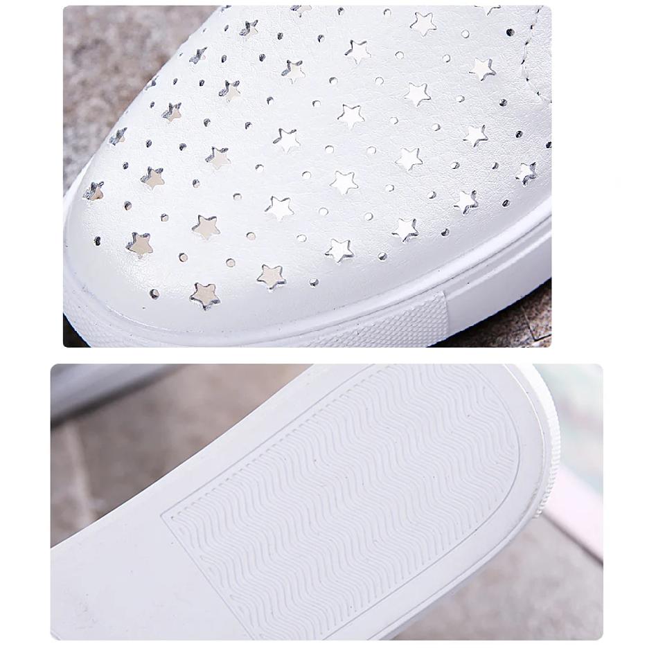 Fashion Spring Summer Silver Flats Hollow Out Women's White Loafer Split Leather Boat Shoes Comfy Ladies Best Flats For Standing All Day