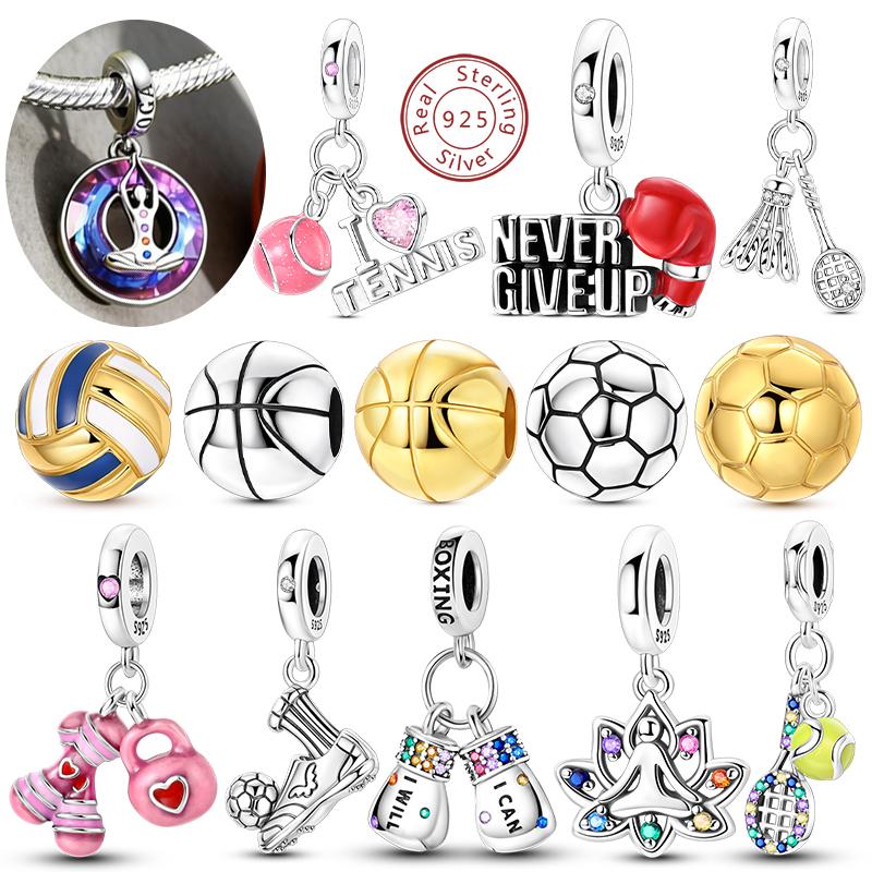 925 Silve Charms Sports Series Basketball Football Badminton Yoga Boxing Charms Bead Pendant Fit Bracelet Jewelry Gift