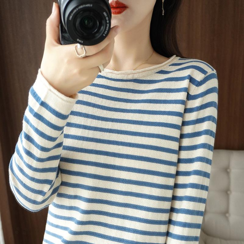 Autumn Spring O-neck Strip Women Sweater Curled Pullover Casual Knit Clothing Fashion Soft Bottoming Sweater Tops