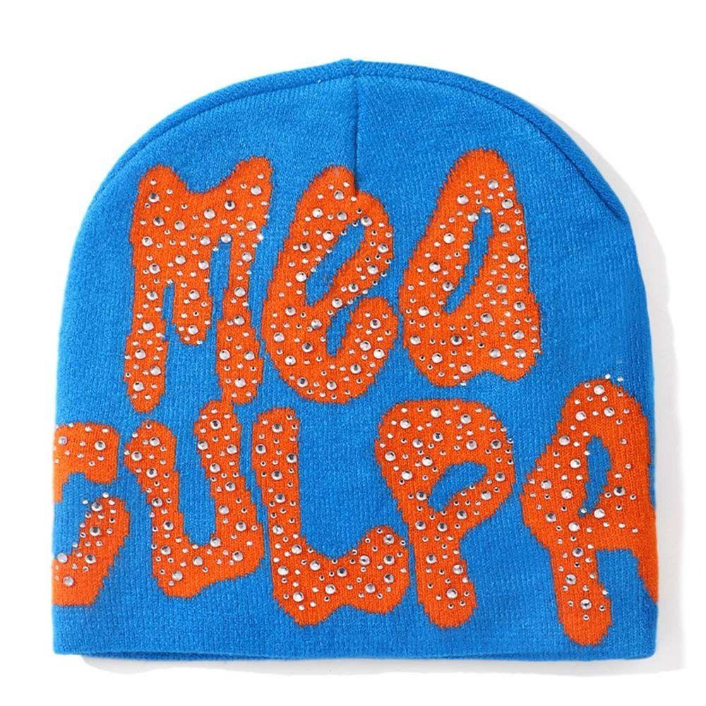Trendy Stretch MEA Culpa Beanies Hat with Rhinestone Warm Soft y2k Beanies Hats Knitted Hip-hop Hat for Women Men