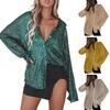 Spring Summer Shirt Lapel Long Sleeve Single Breasted Shirt Tops Sparkling Sequins