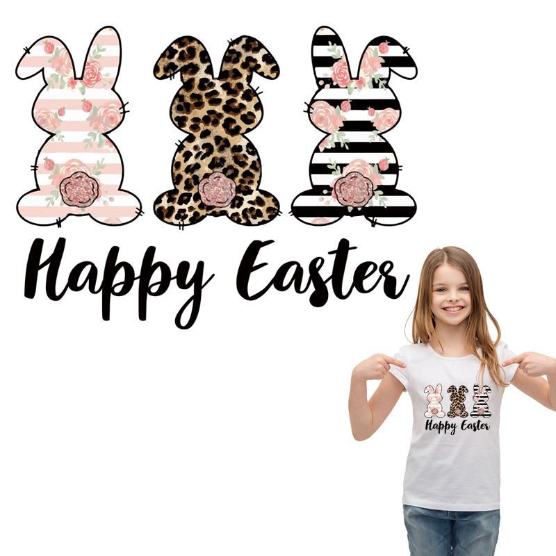 Iron On Patche Happy Easter Bunny New Washable T-Shirt Jeans Stickers Patches Heat Transfer Patches For Clothing Over Powder