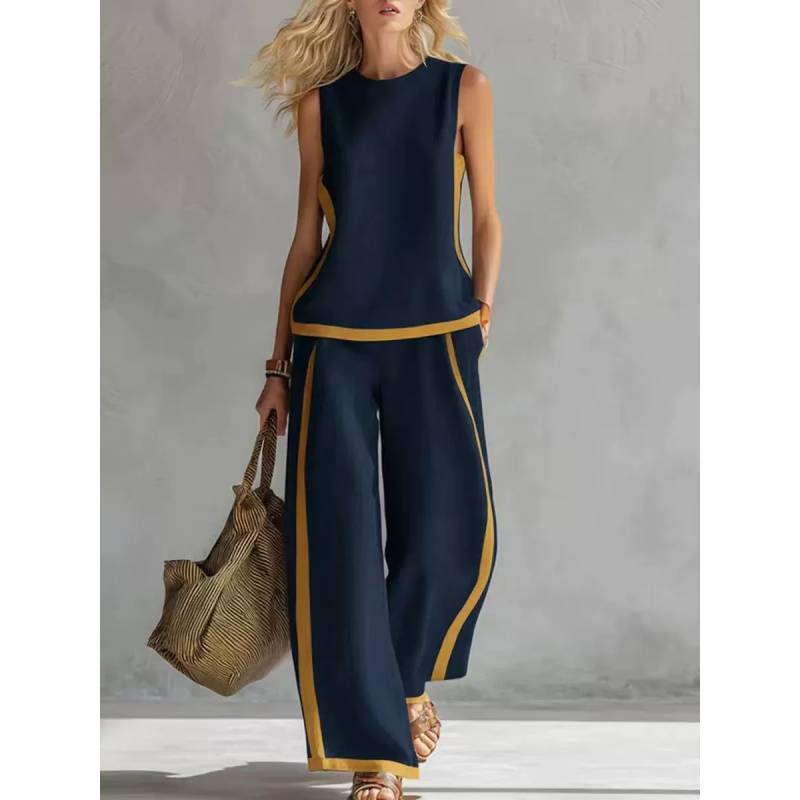 Womens Summer Sleeveless Color Block Pantsuit With Pockets And Splicing For Casual Wear
