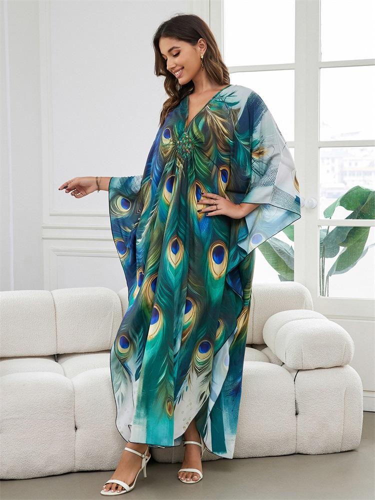 EDOLYNSA 2024 Green Peacock Plume Printed Beach Dress V-neck Side Split Plus Size Kaftan Summer Boho Swimsuit Coverup For Women Cozy House Robe Q1588