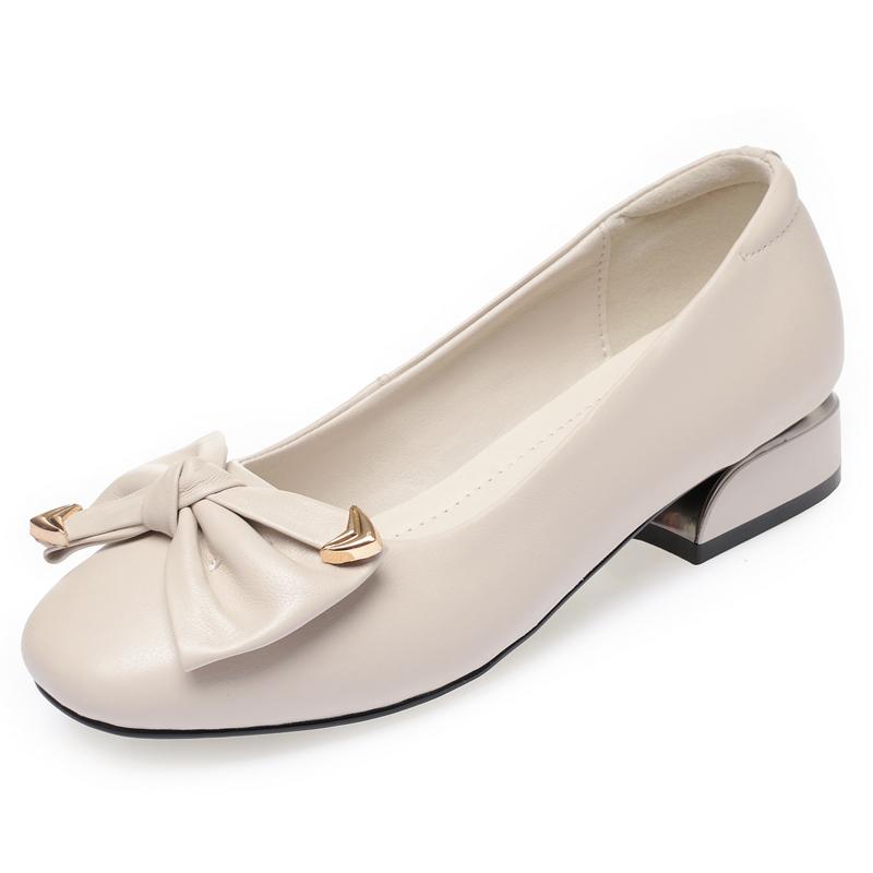 Женская весенняя обувь, красные туфли из натуральной кожи на среднем каблуке, женская обувь с круглым носком и неглубоким бантом