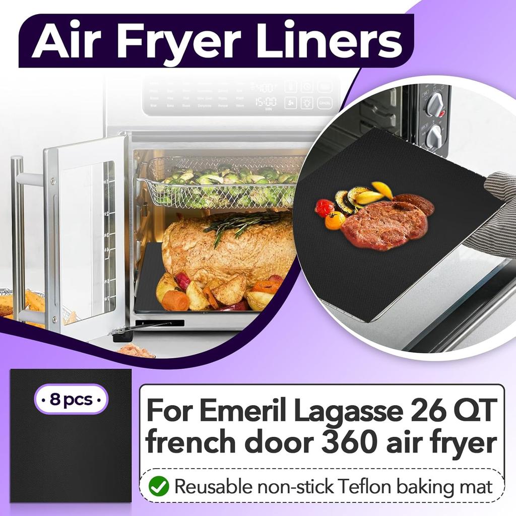 8PCS Air Fryer Liners for Emeril Lagasse 26 QT French Door 360 Air Fryer, Teflon Mat Non-Stick Oven Liners for Bottom of Oven, Reble Oven Liner for