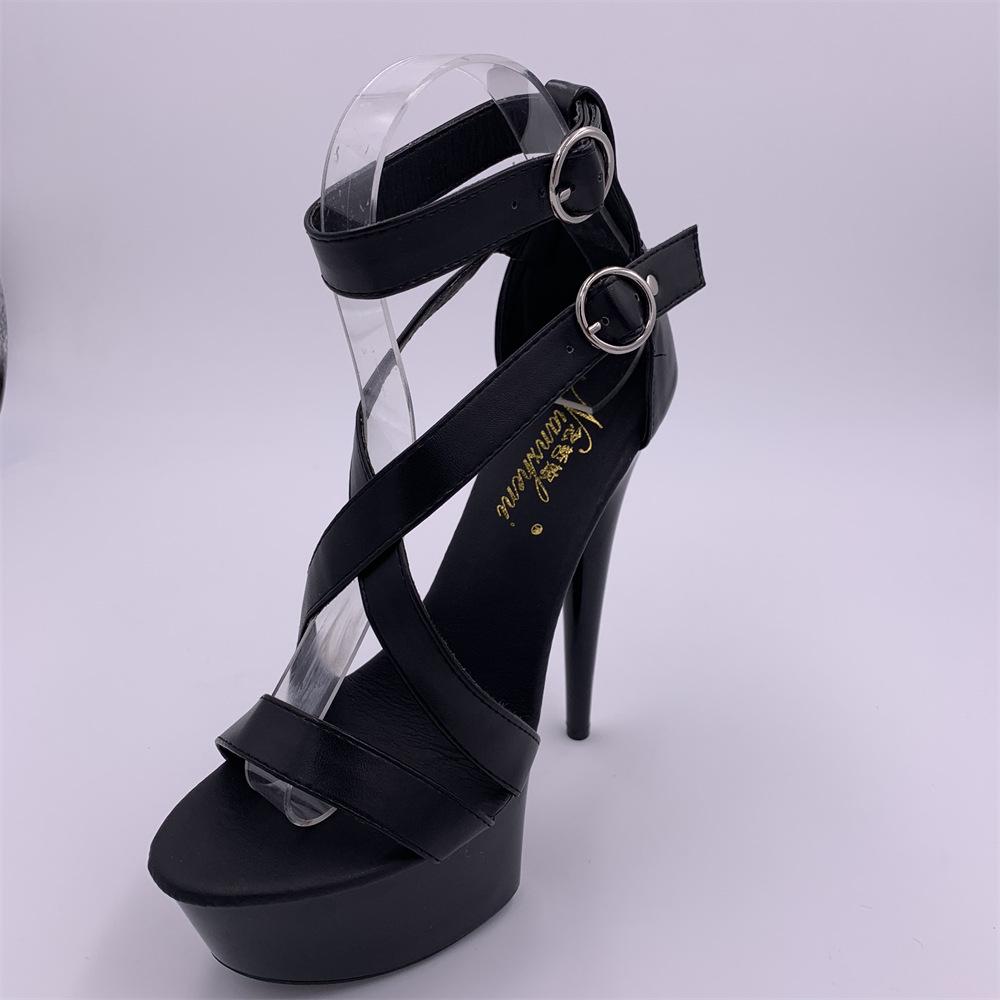 Summer black waterproof table fashion buckle round head one size thin heel super high heel 15CM fashion sandals