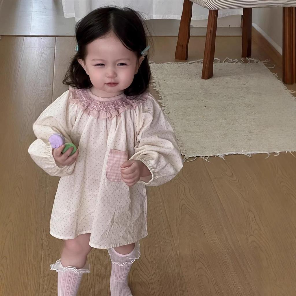 Осеннее платье для девочек в горошек с кружевным воротником - Корейский стиль, тренд принцессы