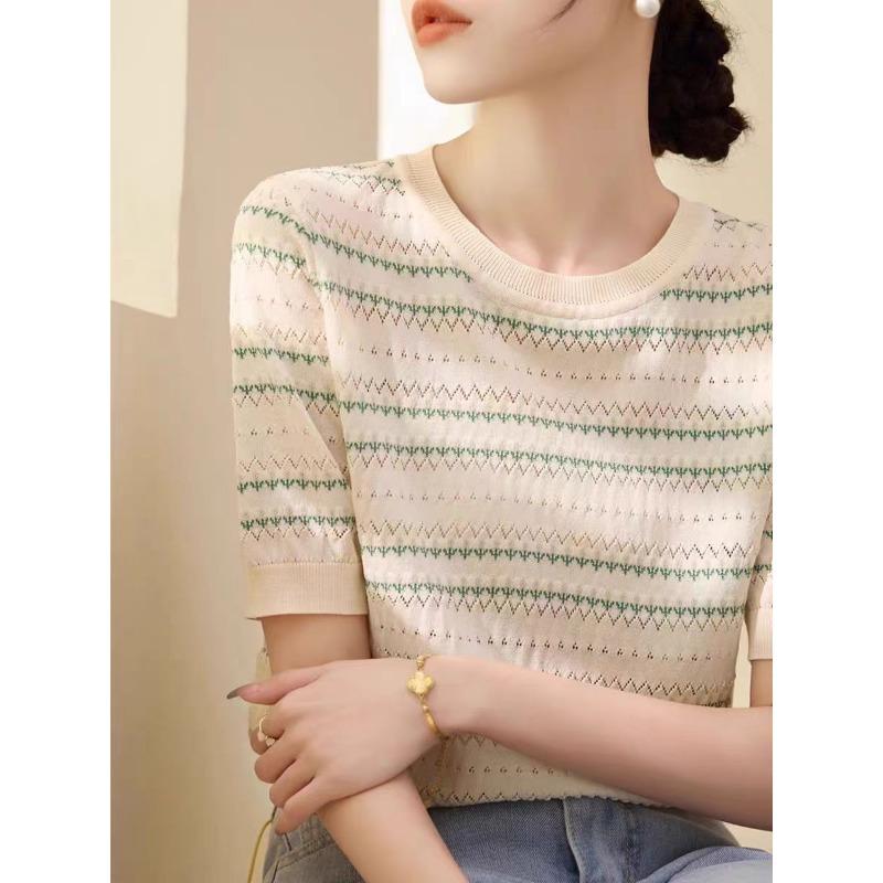 Летняя женская трикотажная футболка с круглым вырезом, свободный ажурный топ, женская трикотажная базовая футболка из ледяного шелка