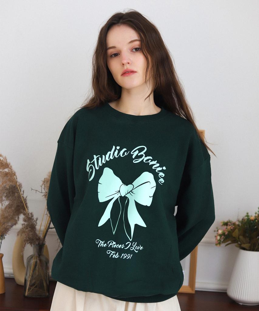 BONIEE [Fleece Lined] Ribbon Graphic Oversized Sweatshirt Green