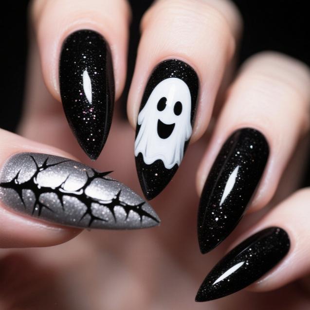 Nail Art Halloween Dark Sweet Cool Babes White Ghost Long Almonds Wearing Nail Pads