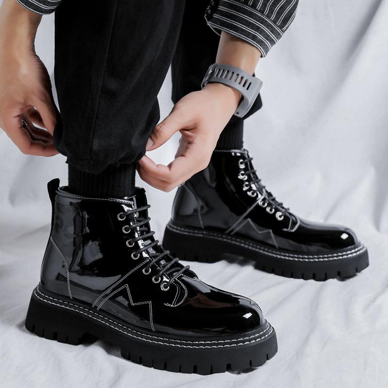 Мужские повседневные ботинки на платформе черные трендовые туфли из лакированной кожи для вечеринки, выпускного вечера, ковбойские ботильоны, весенне-осенние короткие ботинки
