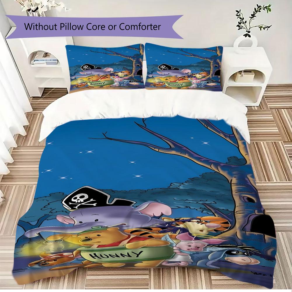 3pcs cute Winnie the Pooh and his friends patterned unbleached bed sheet set, available in various sizes, for bedroom bedding.