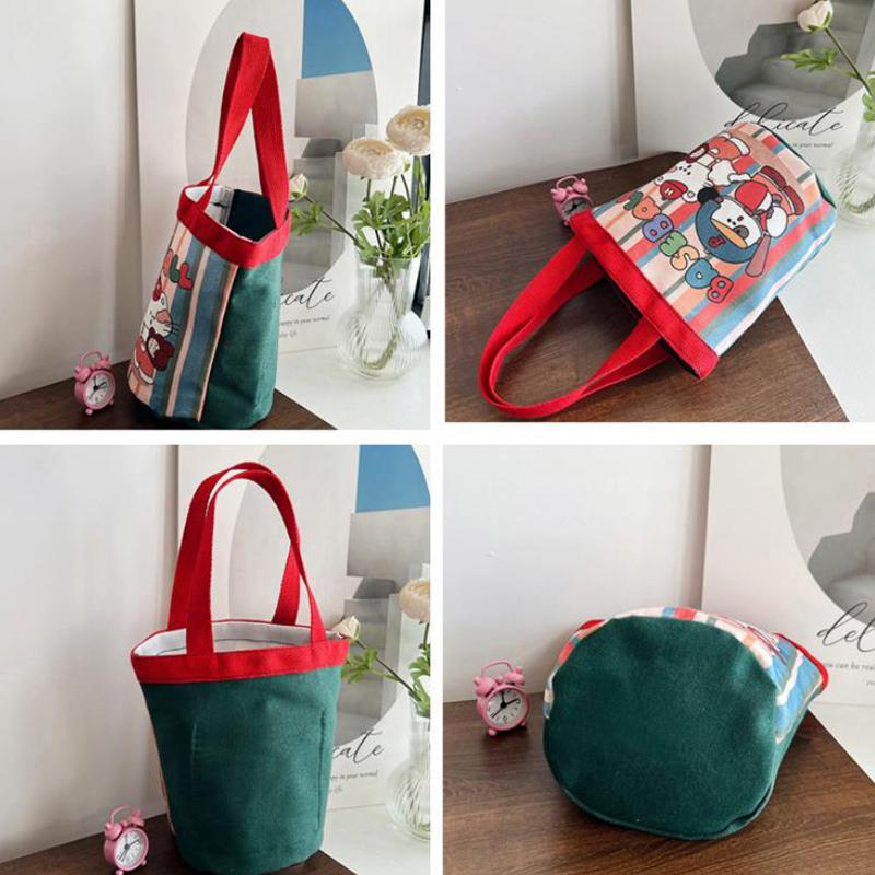 Прекрасная сумка-ведро с мультяшным принтом, портативная холщовая сумка-тоут, студенческая сумка-цилиндр для обеда
