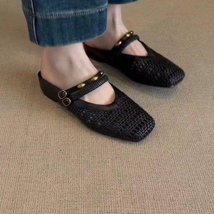 Версия из мягкой кожи~ универсальная черная плетеная ажурная дышащая сумка, туфли с квадратным носком, женские полушлепанцы с металлической надписью