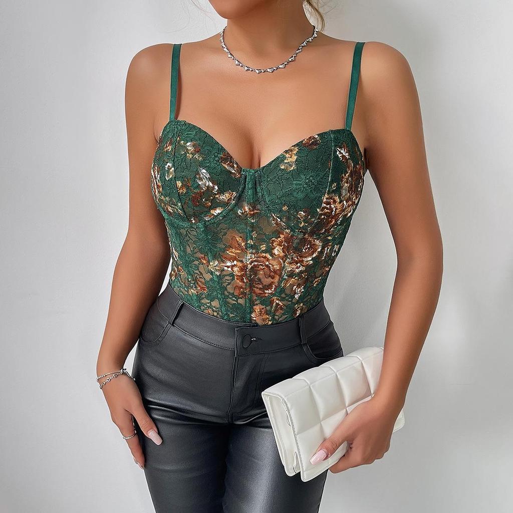 European & American Fashion Sexy Women's Embroidered Floral Push-Up Spaghetti Strap Bodysuit