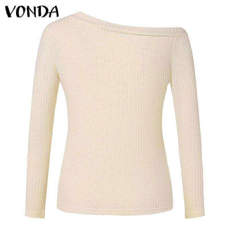 VONDA Женская осенняя мода V-образный вырез длинный рукав трикотажные полосатые теплые блузки