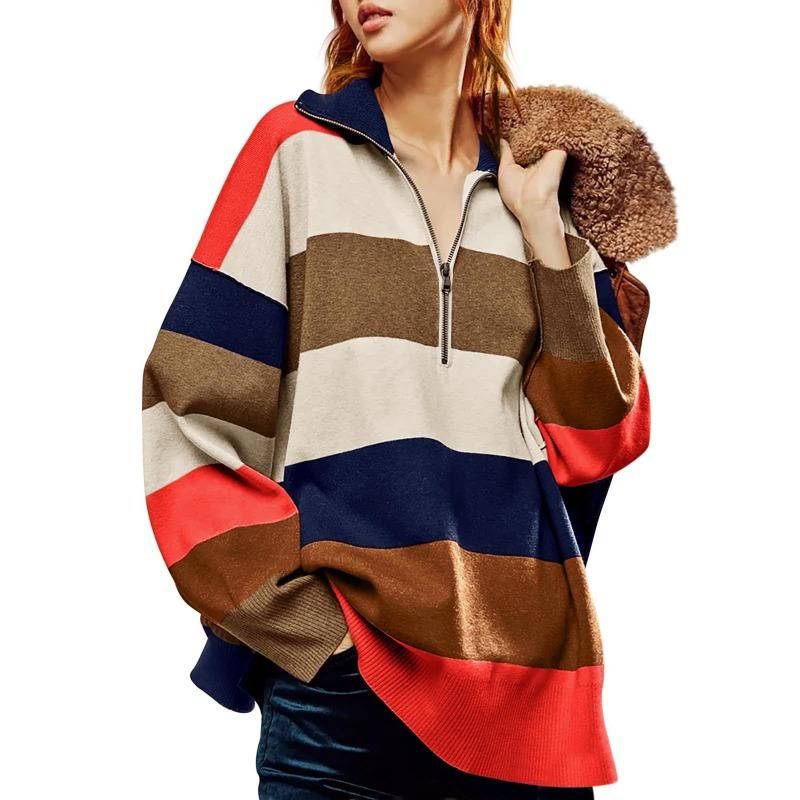 Autumn and Winter New Long Sleeved 1/4 Zipper Pullover with Split Color Block for Women's Sweaters and Hoodies