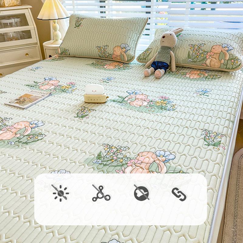 3Pcs Summer Natural Latex Cooling Mat Set Cartoon Printed Fitted Sheet with Pillowcase Soft Non-Slip Bedding with Elastic Band