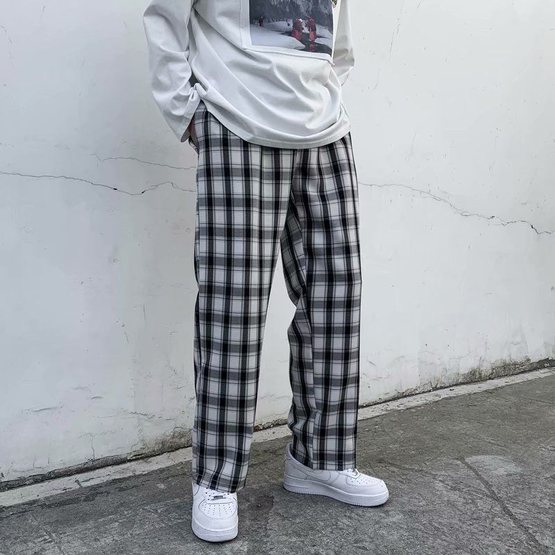 Клетчатые мужские брюки, весна-лето, модные повседневные винтажные брюки, свободные прямые домашние брюки, красивая уличная одежда, брюки большого размера
