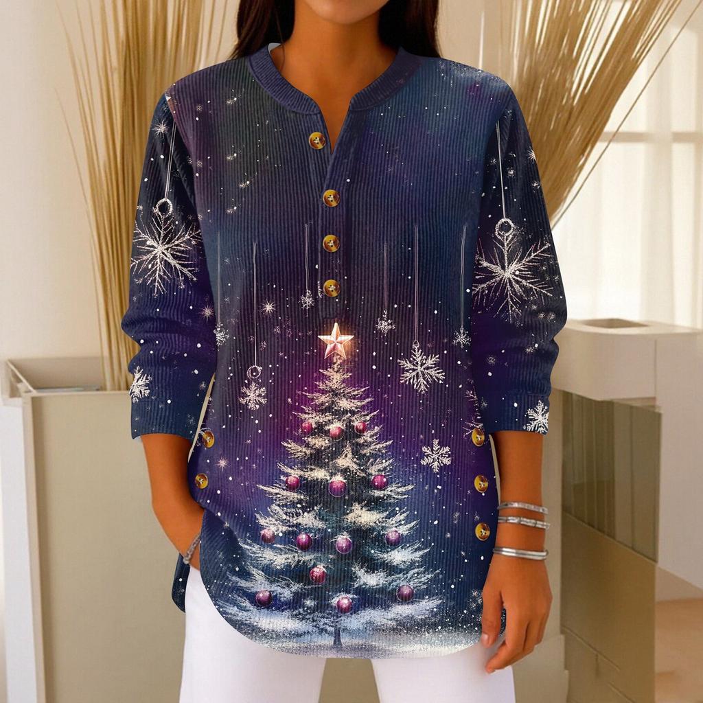 Women's Fashionable Button Collar Long-sleeved Christmas Print Pullover Top
