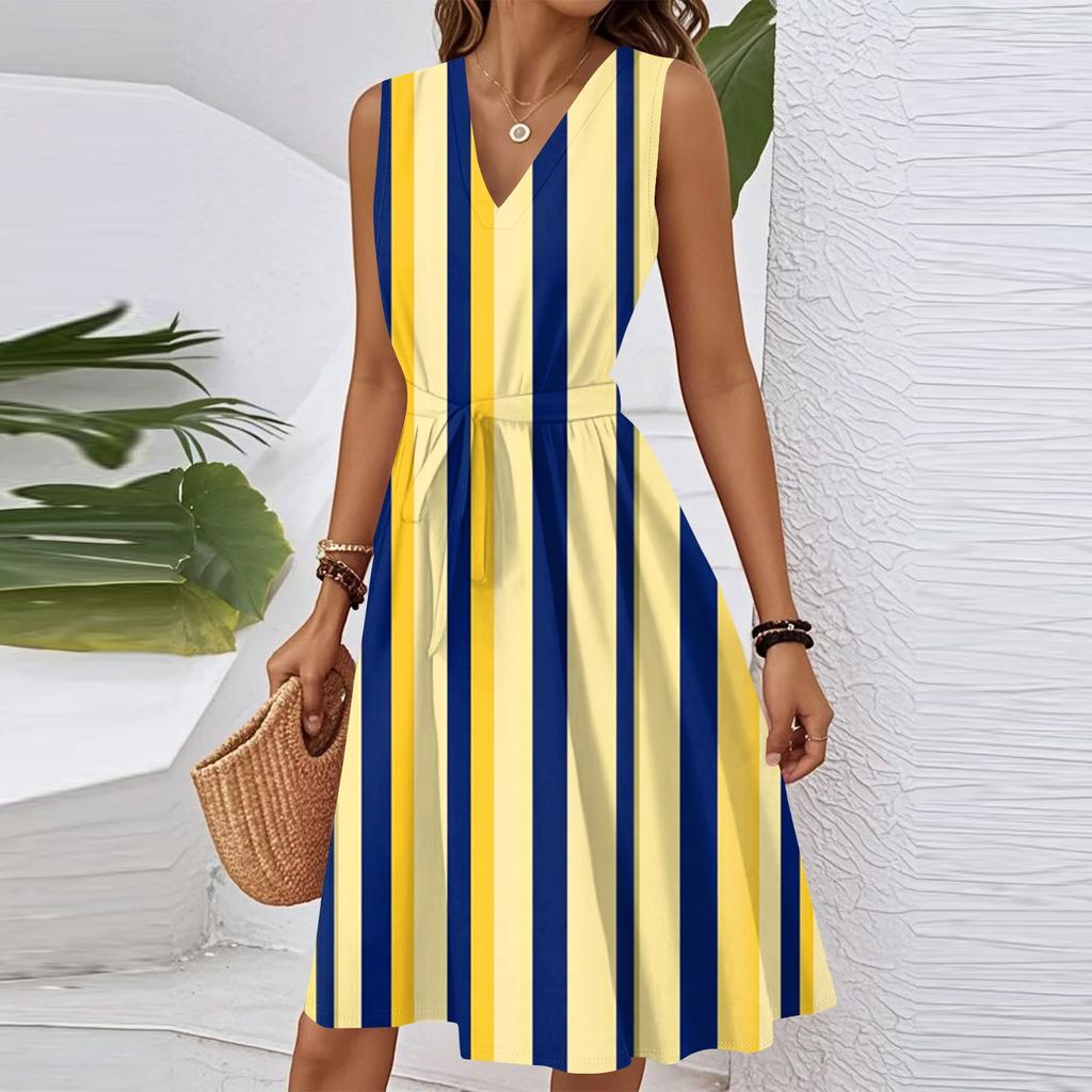 Женское летнее модное свободное платье с V-образным вырезом, без рукавов, на шнуровке, в полоску