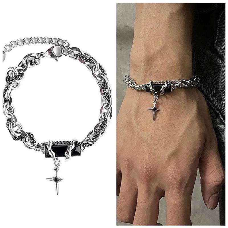 Retro Black Zircon Star Bracelet For Women Men Gifts Trend Metal Chain Unisex Goth Jewelry New Couple Accessories