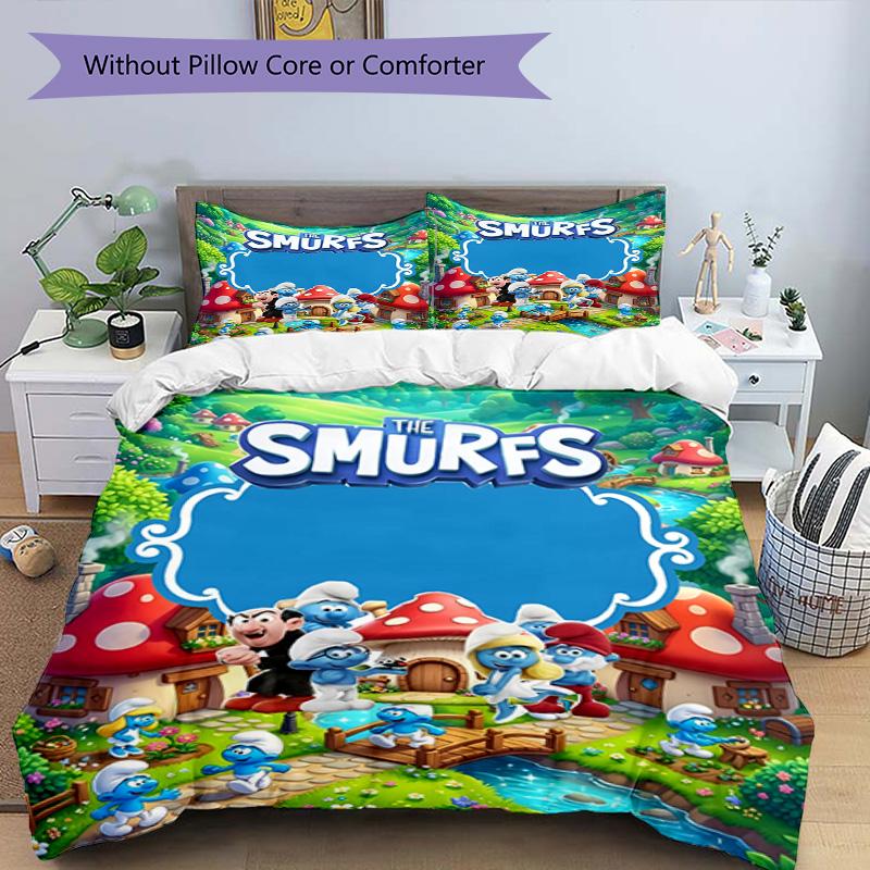 3pcs Duvet Cover Set (1*Duvet Cover + 2*Pillowcase, Without Core), Blue Smurfs Print Bedding Set, Bedroom Decor, All‑Season, Birthday Gift