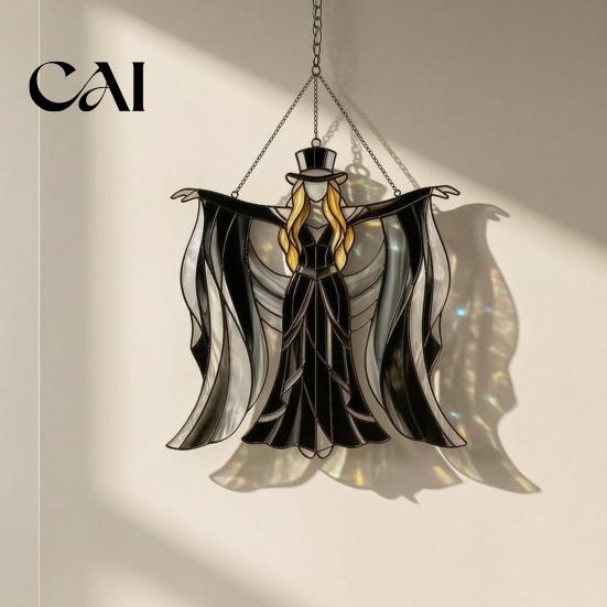 Dark Style Room Accessory Boho Dancing Lady Suncatcher, Stained Glass Acrylic Hanging Ornament, Mystical Gothic Black And Gray Gradient Decor