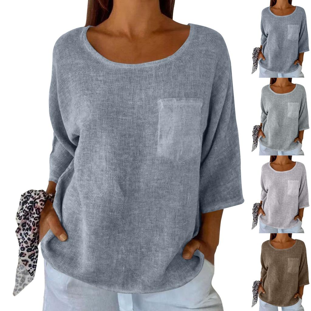 Женская мода однотонная свободная футболка с круглым вырезом и рукавом семь четвертей